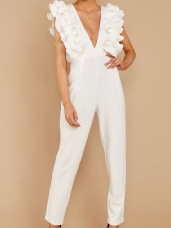 Red Dress Boutique Pants - Ever After By Red Dress Boutique White Ruffle V-Neck Jumpsuit